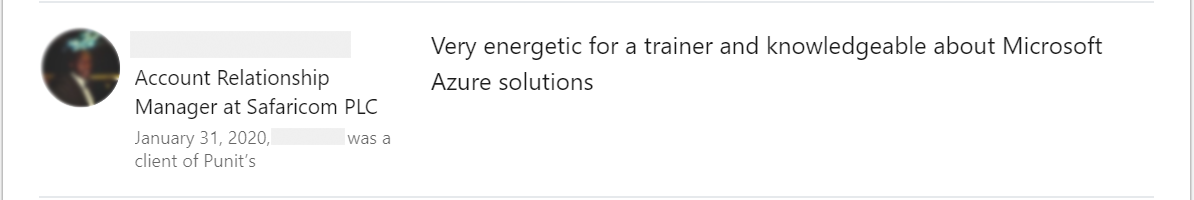 Client feedback 1 praising Punit Kukreja for training