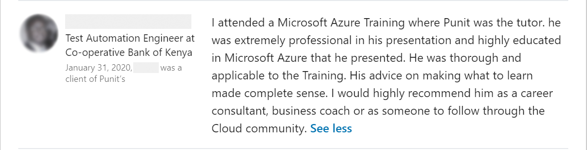 Client feedback 3 praising Punit Kukreja for training