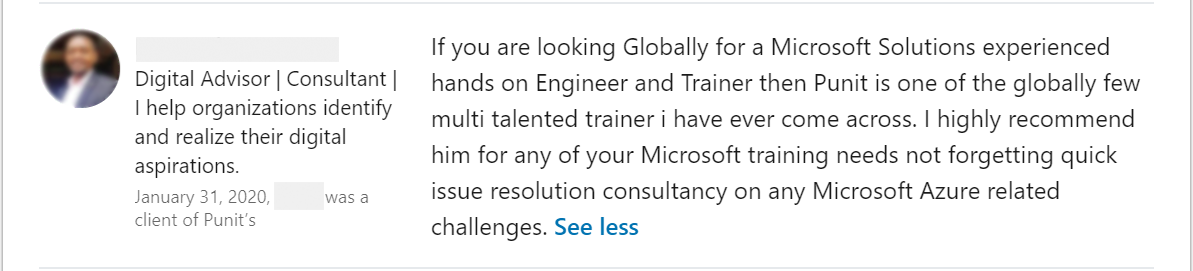 Client feedback 4 praising Punit Kukreja for training