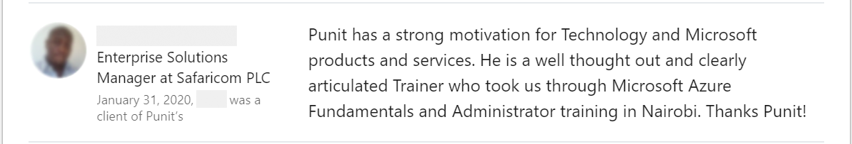 Client feedback 6 praising Punit Kukreja for training