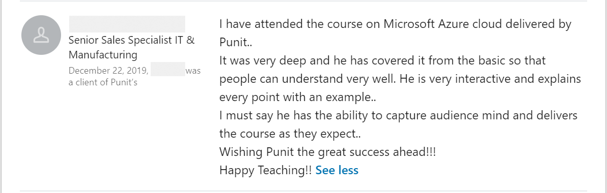 Client feedback 7 praising Punit Kukreja for training