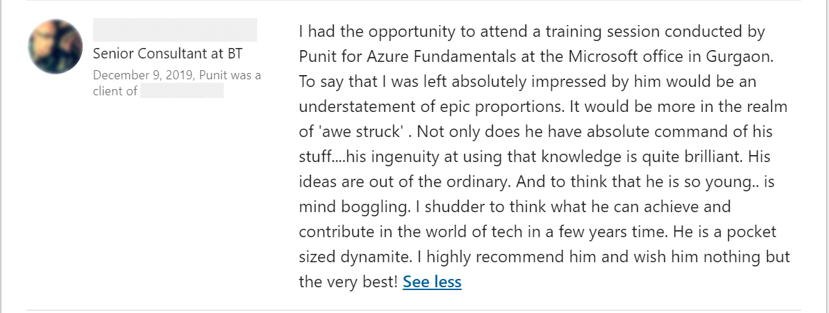 Client feedback 8 praising Punit Kukreja for training