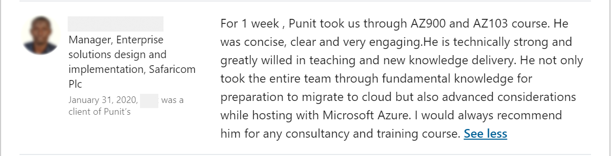 Client feedback 11 praising Punit Kukreja for training