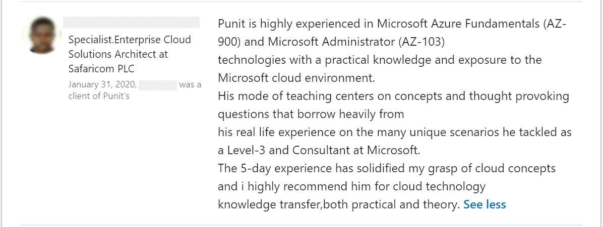 Client feedback 14 praising Punit Kukreja for training