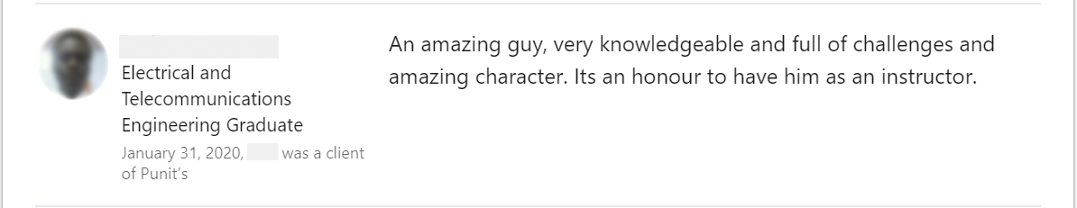 Client feedback 15 praising Punit Kukreja for training