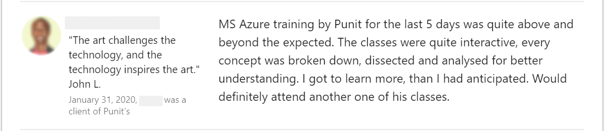 Client feedback 16 praising Punit Kukreja for training
