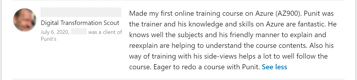 Client feedback 17 praising Punit Kukreja for training