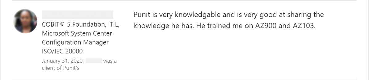 Client feedback 20 praising Punit Kukreja for training