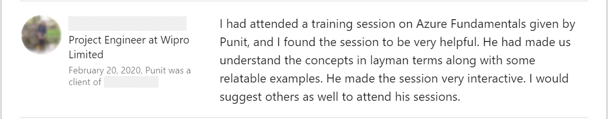 Client feedback 22 praising Punit Kukreja for training