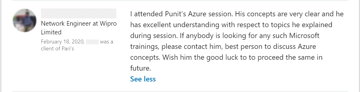 Client feedback 23 praising Punit Kukreja for training
