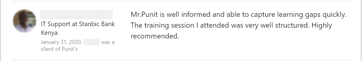 Client feedback 27 praising Punit Kukreja for training