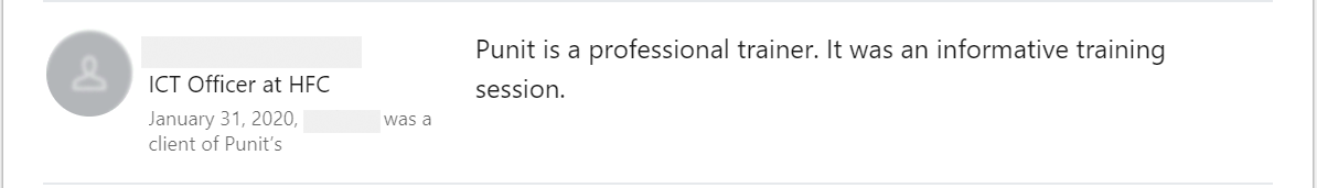 Client feedback 30 praising Punit Kukreja for training