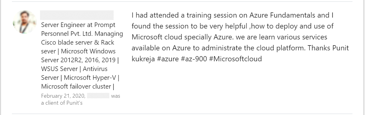 Client feedback 31 praising Punit Kukreja for training