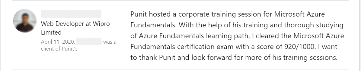 Client feedback 33 praising Punit Kukreja for training