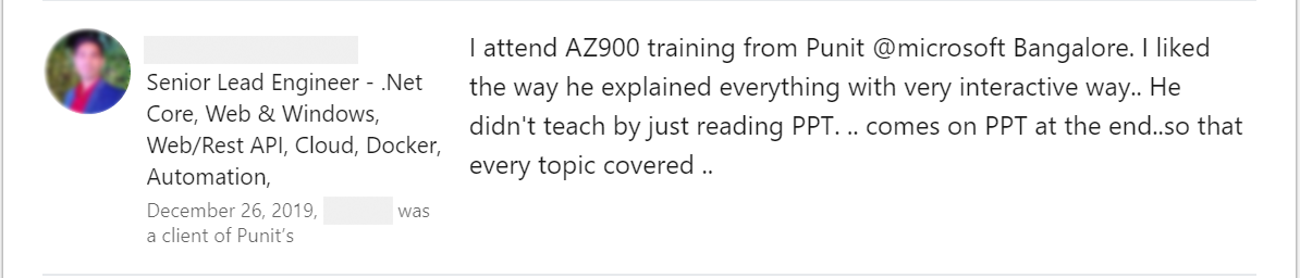 Client feedback 42 praising Punit Kukreja for training
