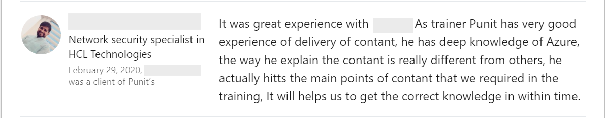 Client feedback 43 praising Punit Kukreja for training