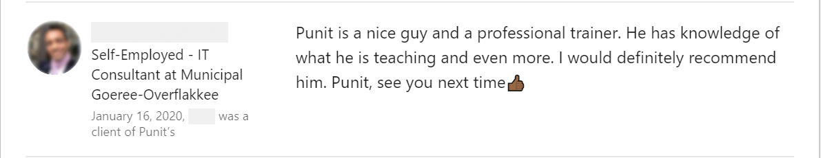 Client feedback 46 praising Punit Kukreja for training